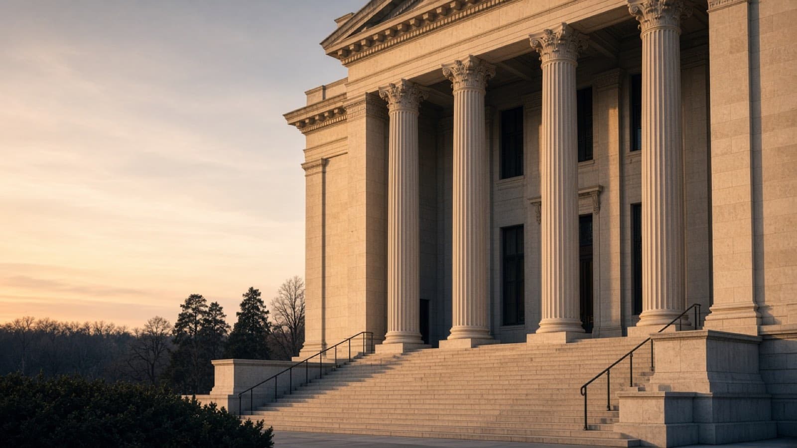 A classical stone courthouse with tall columns and wide steps.